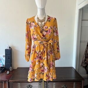 Inspired Hearts Floral Mustard Long Sleeve Dress